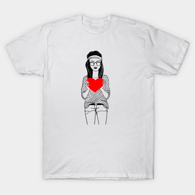 Stylish girl in shorts with big heart T-Shirt by fears